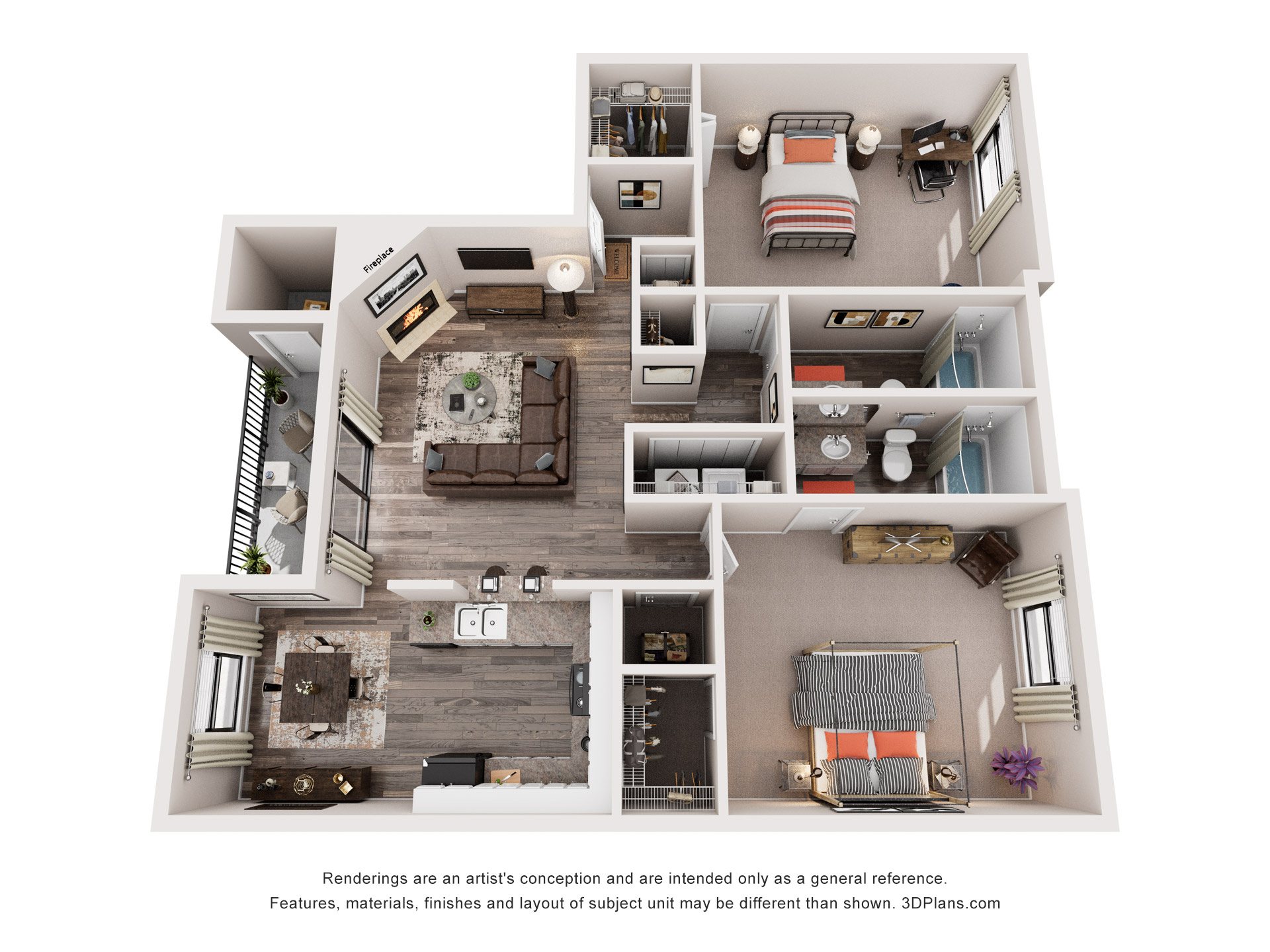 Floor plan for 2 beds, 2 baths, 1050 sqft